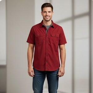 WRANGLER Comfort Flex Short Sleeve Button-Up Shirt, Men’s M/M, Deep Red